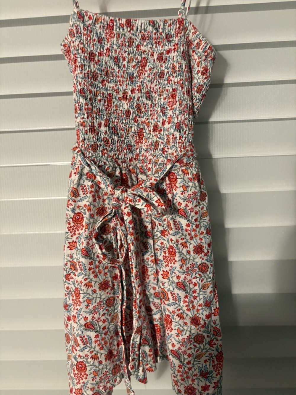 LOFT White Floral Smocked Jumpsuit with Red and Blue Print